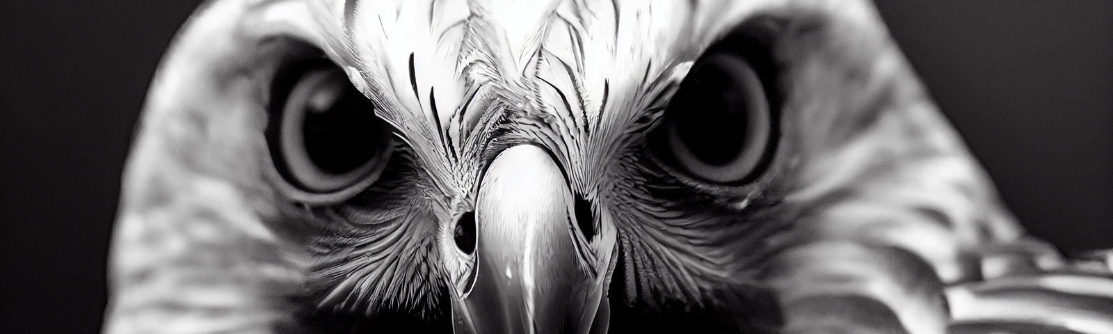 An extreme close up of a hawk black and white photo