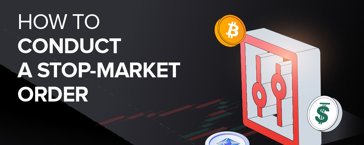 Heading banner for “How to conduct a stop-market order” article with floating tokens and ‘settings’ symbol.