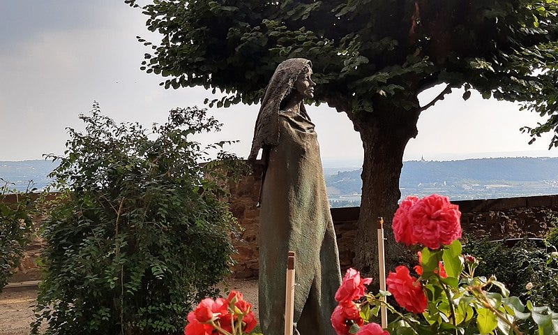 A statue of Hildegard in the garden of Eibingen Abbey located in Germany.