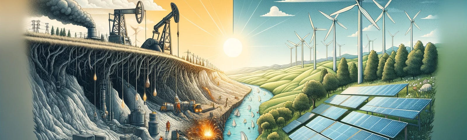 ChatGPT & DALL-E generated panoramic illustration contrasting human efforts in energy extraction with nature’s effortless energy production.