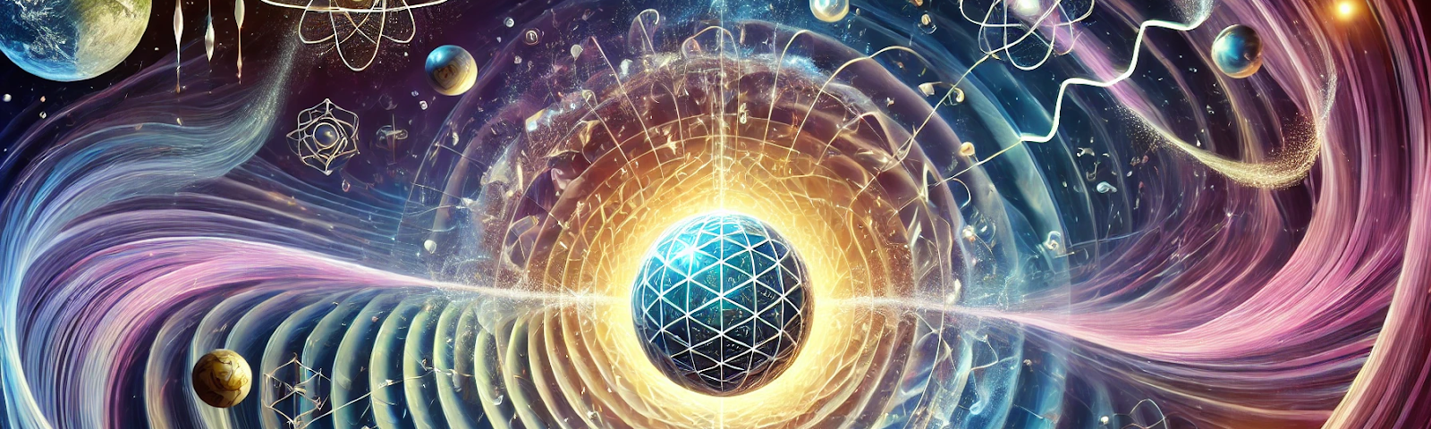 A sophisticated and artistic depiction of the universe integrating gravity, consciousness, and quantum mechanics. Central to the image is a large sphere representing the holographic principle, surrounded by swirling temporal waves illustrating the pull from past, present, and future. Gravity is depicted as waves curving spacetime, with quantum particles entangled and interconnected throughout the scene. Geometric symbols project from a central point of consciousness. The image has a cosmic, ethe