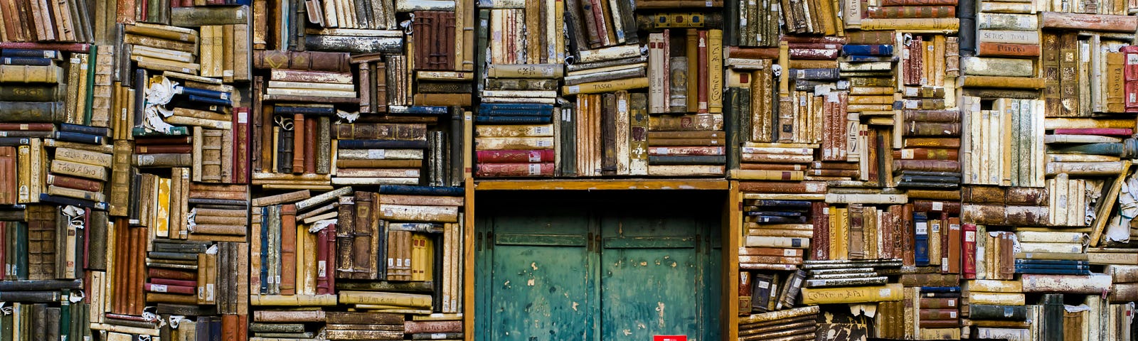 Books piled on top of each other on shelves covering and entire wall surrounding a set of doors.