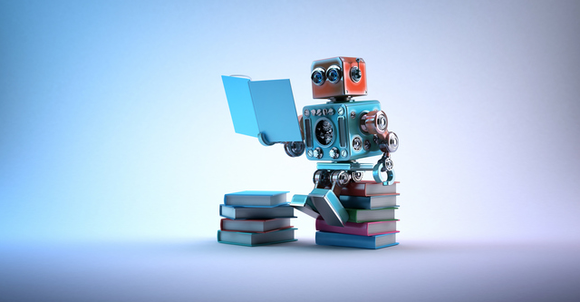 Cute robot reading a book