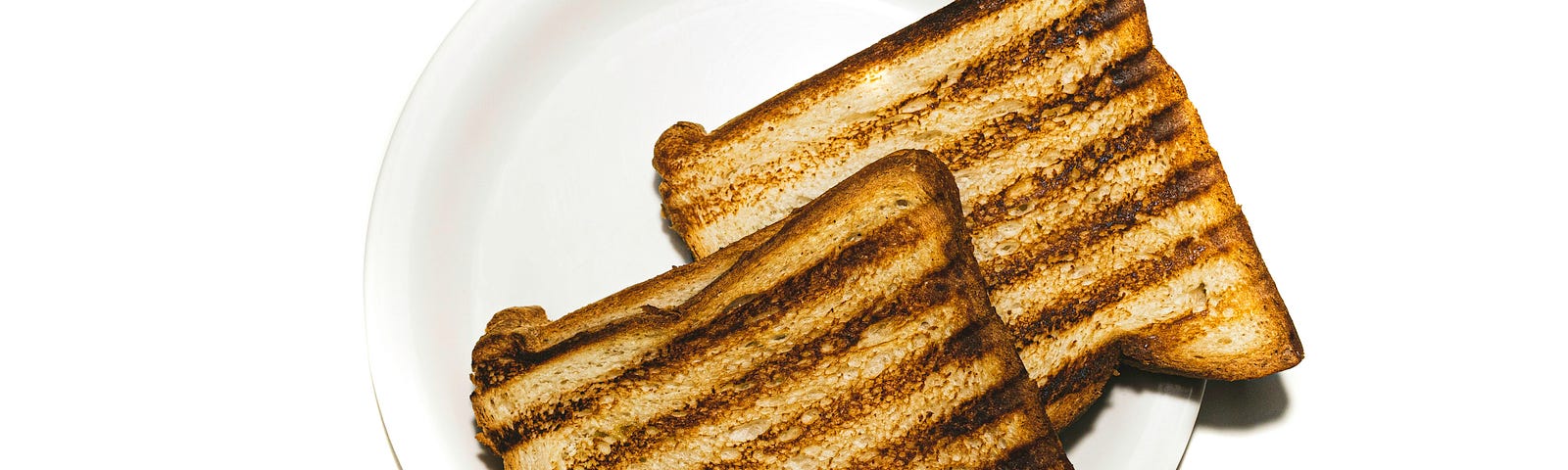 Burnt toast on a white plate.