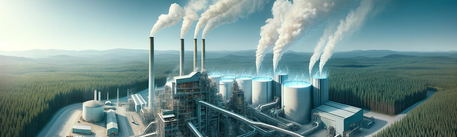 ChatGPT & DALL-E generated panoramic image showcasing a pulp and paper mill using hydrogen to run its boilers, depicted by light bluish flames.