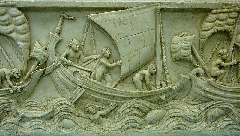 Roman sailing ship, from a sarcophagus allegedly found in Ostia, dated 3rd century CE.