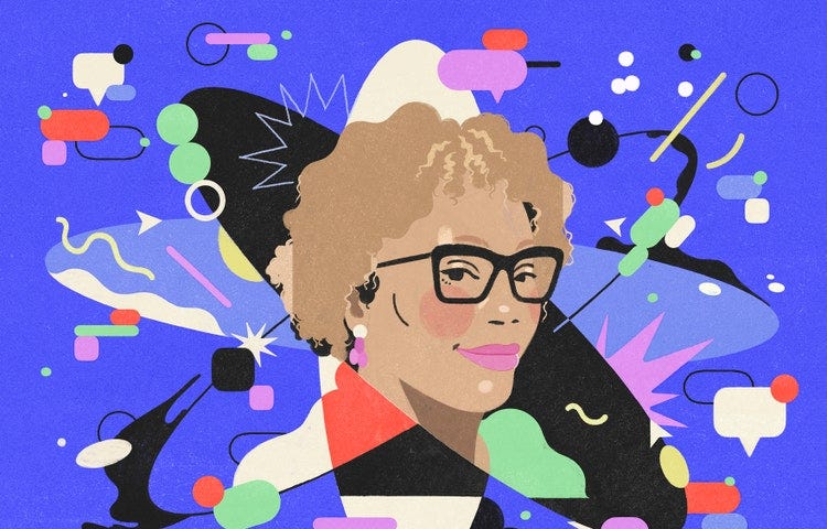 A black woman with glasses is the neutron in this colorful digital illustration of an atom against a purple background with word bubbles peppered throughout.