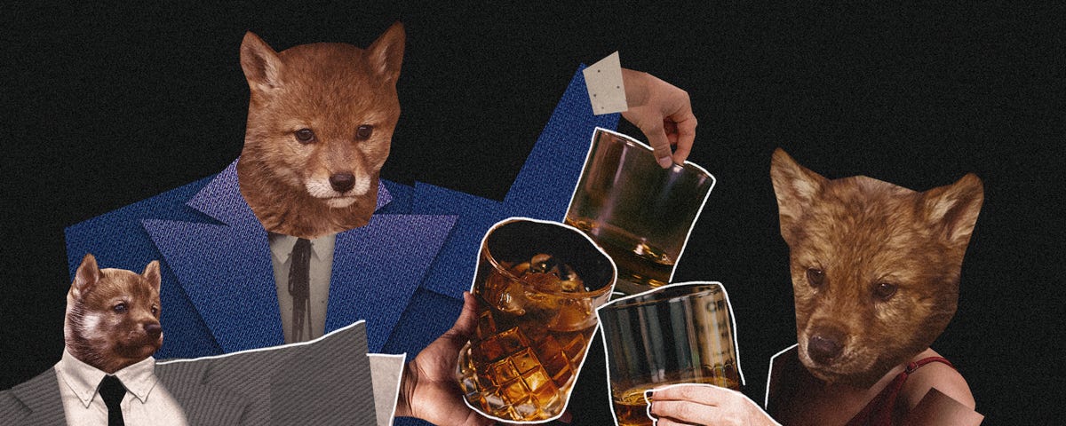 Three well-dressed people with wolves’ heads raise their whiskey glasses in this collage by artist Jaime Robles. There’s a bit of a 2D Mad Men vibe going on.