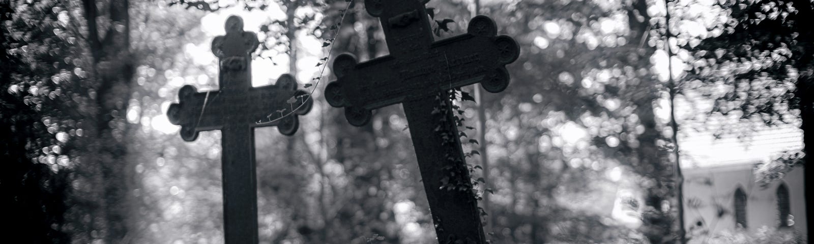 Black and white photo showing two crosses in an overgrown graveyard with trees in the background