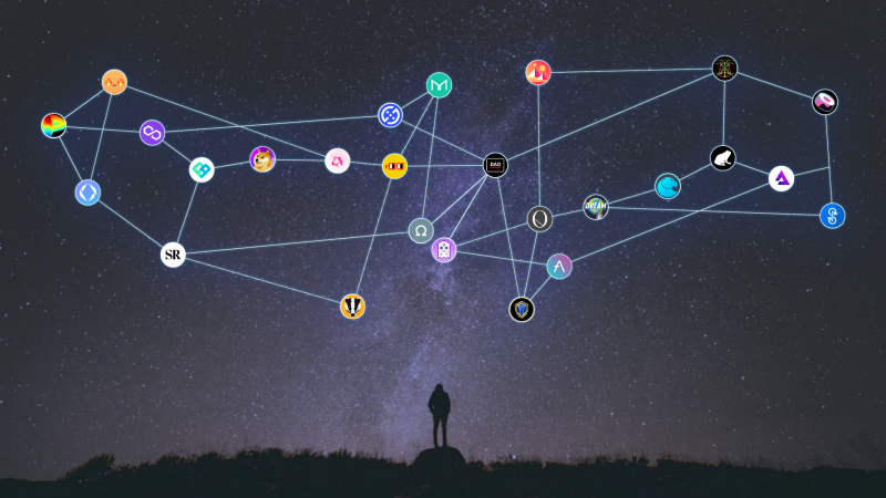 A person gazes at a skyward constellation of DAO logos