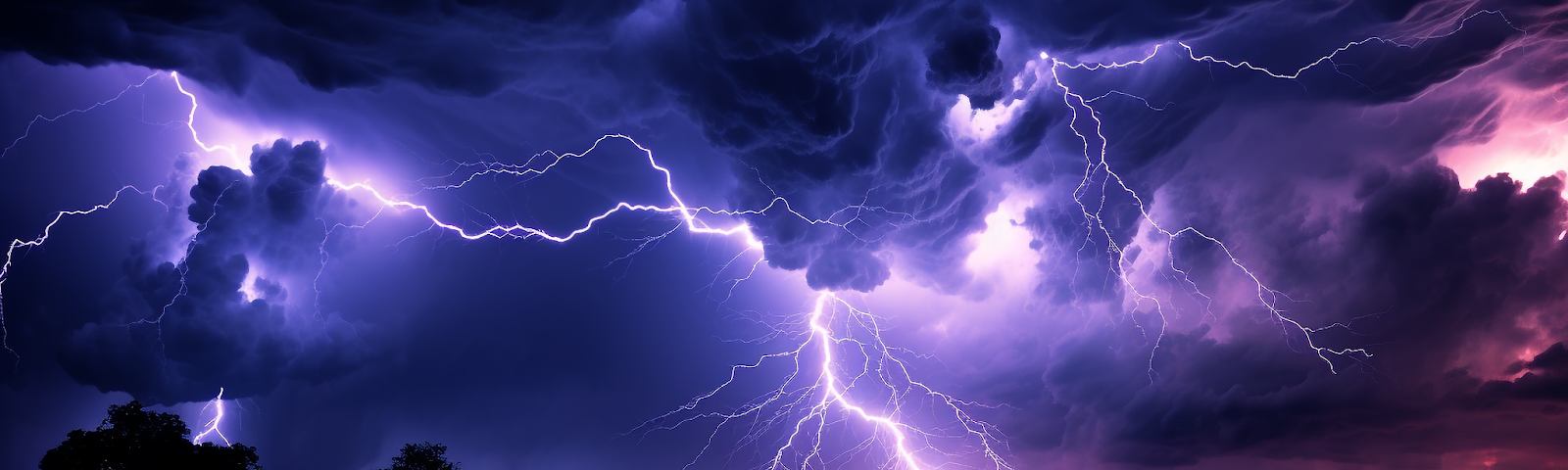 color photo of a dark night sky lit brilliantly with lightning bolts, clouds of purples and pinks, and the shadows of trees