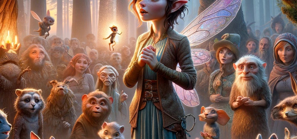 Elara, the Acceptable Fairy, saves a squirrel’s home with magic in Evermore forest, proving her worth among doubting creatures. A moment of triumph.