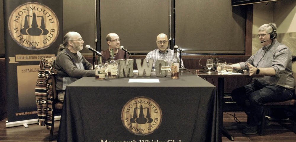 Monmouth Whisky Club members (L-R) Michael Timpanero, Glen Fuchs, and Rich Romano with WhiskyCast's Mark Gillespie. Photo courtesy Peter Grasso/Monmouth Whisky Club.