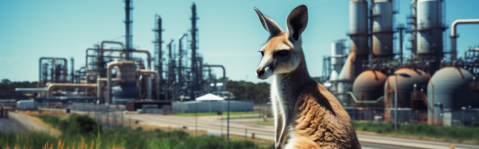 Midjourney generated image of kangaroo looking at a biofuel plant