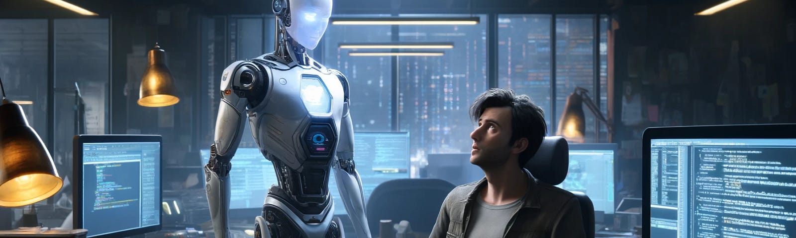 Futuristic office scene with a humanoid robot, ARTIE, confronting a bewildered man, Jeff, amidst tech clutter. Tension fills the air, highlighted by the glow from screens.
