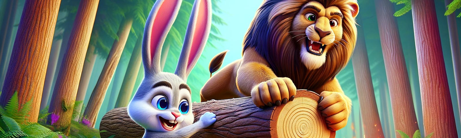 Colourful 3D cartoon illustration of Benny the bunny and Leo the lion working together to move a log in a vibrant forest scene.