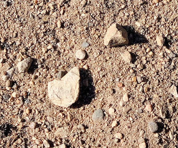 A photo of a rock heart and possibly a horse head rock.