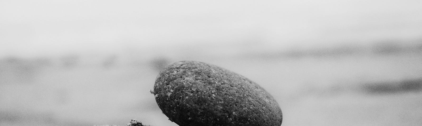Gray image of a rock on sand.
