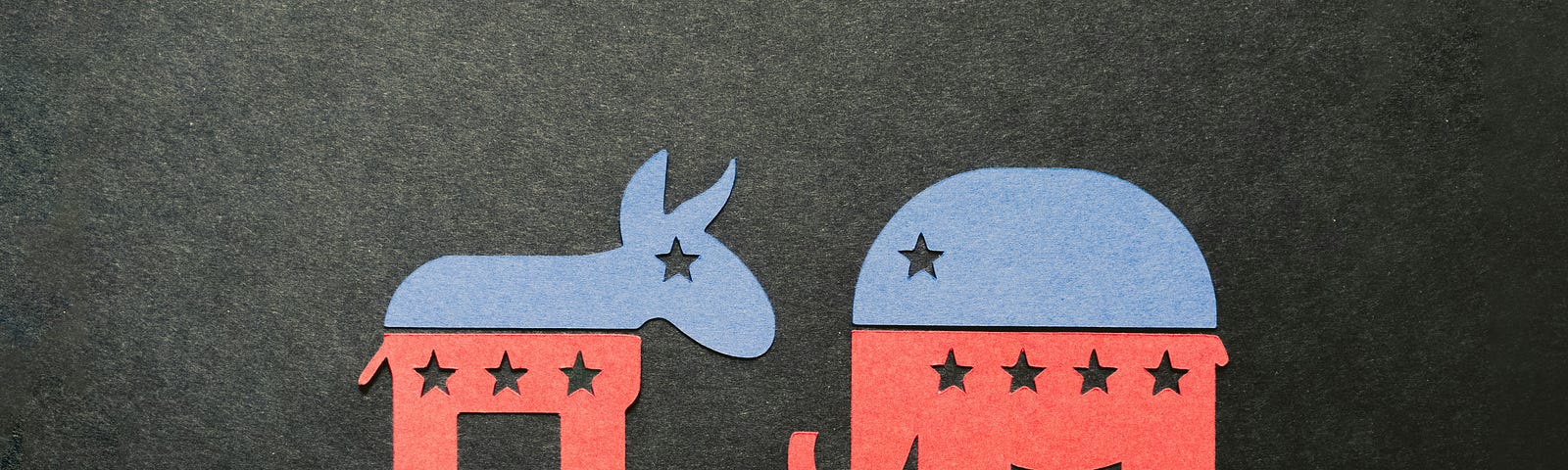 Republican elephant and Democrat donkey against gray background.