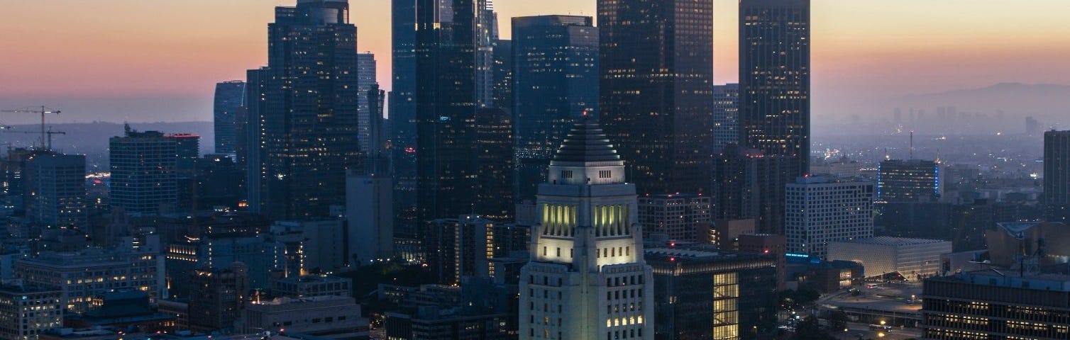 Los Angeles City Hall at sunset in Los Angeles, California. Photo by simonkr/Getty Images