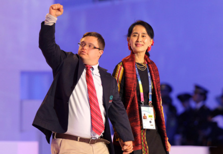Ariel Ary, left, with Aung San Suu Kyi at the Opening Ceremony of the 2013 Pyeongchang Special Olympics World Winter Games  (Photo by Chung Sung-Jun/Getty Images AsiaPac)