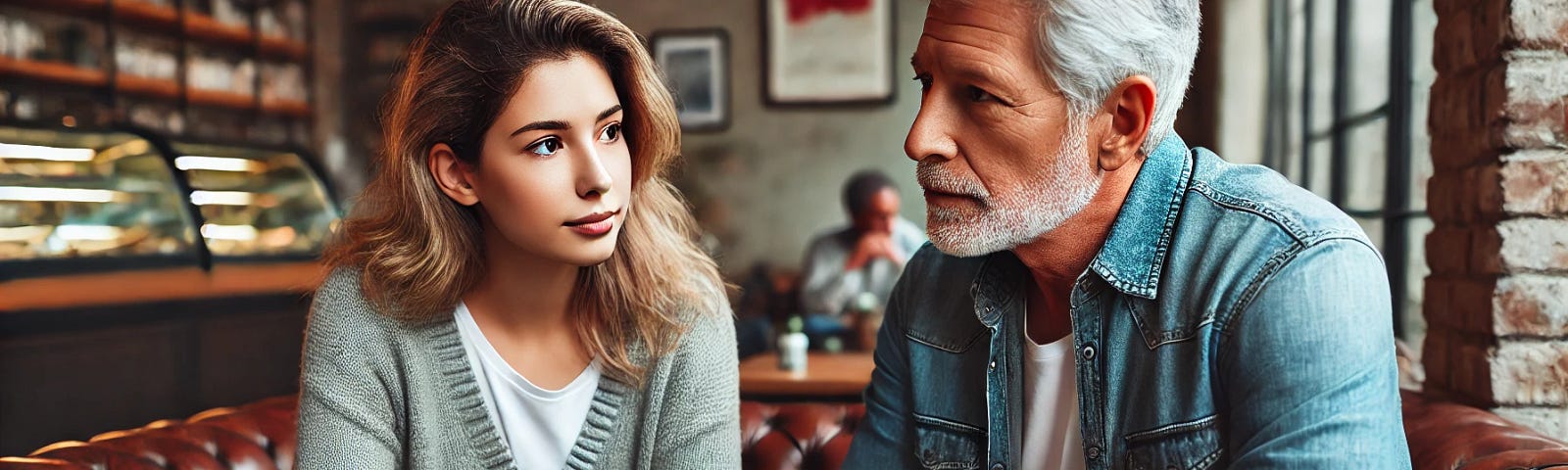 Here is the image of a woman and man sitting at a coffee shop table, engaging in a serious conversation. The woman looks attentive, and the man looks thoughtful, with a cozy coffee shop setting in the background.