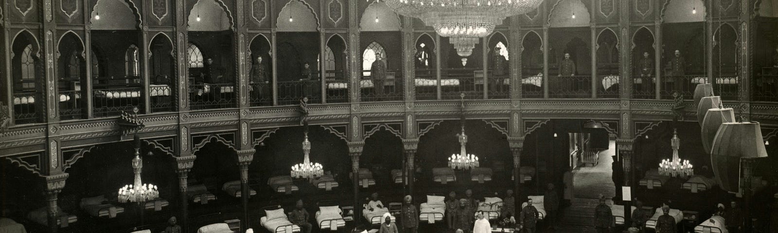 1914, World War 1. The Dome Hospital, showing some of the 689 beds in the whole hospital. These beautiful seaside palaces have been converted into hospitals for Indian troops, and are fitted with every modern convenience. Photographer: H. D. Girdwood.