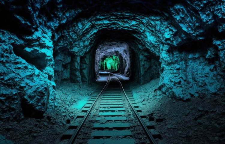 A mine cart railway disappearing down a dark shaft with blue-green bioluminescence everywhere.