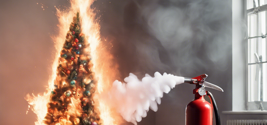 a christmas tree on fire with a nearby fire extinguisher putting it out