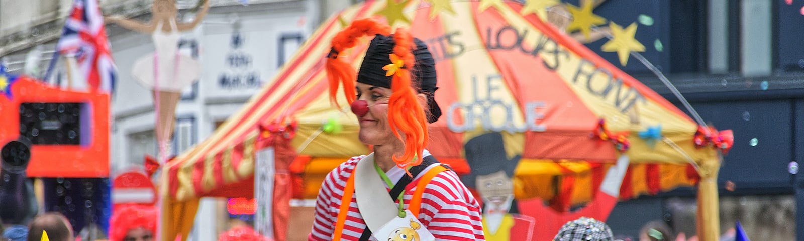 clowns on stilts, sharing joy and love with the world