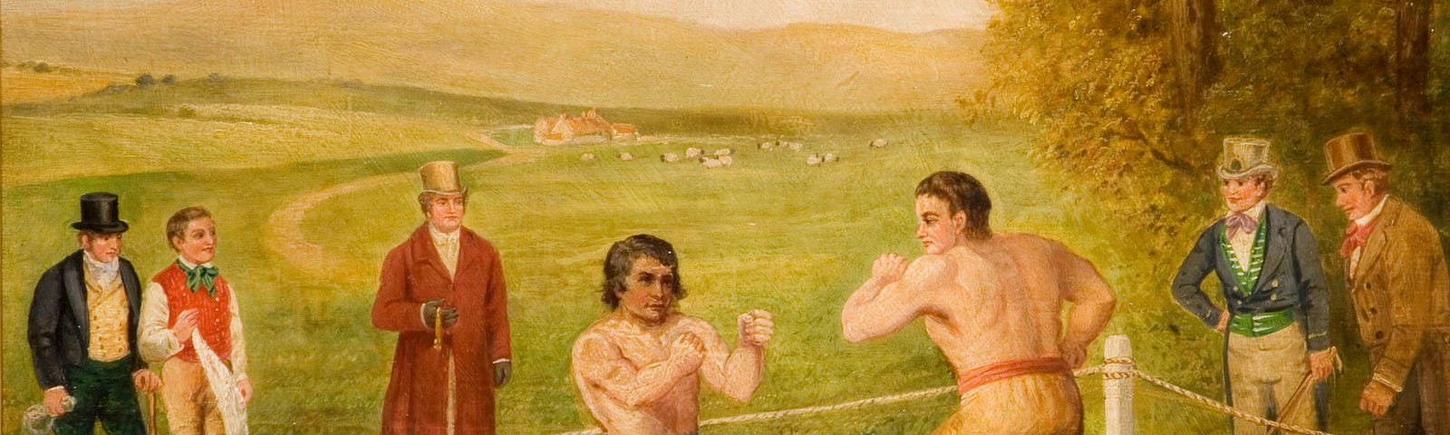 A painting of bare-nuckle boxers from yesteryear fighting, with several men watching