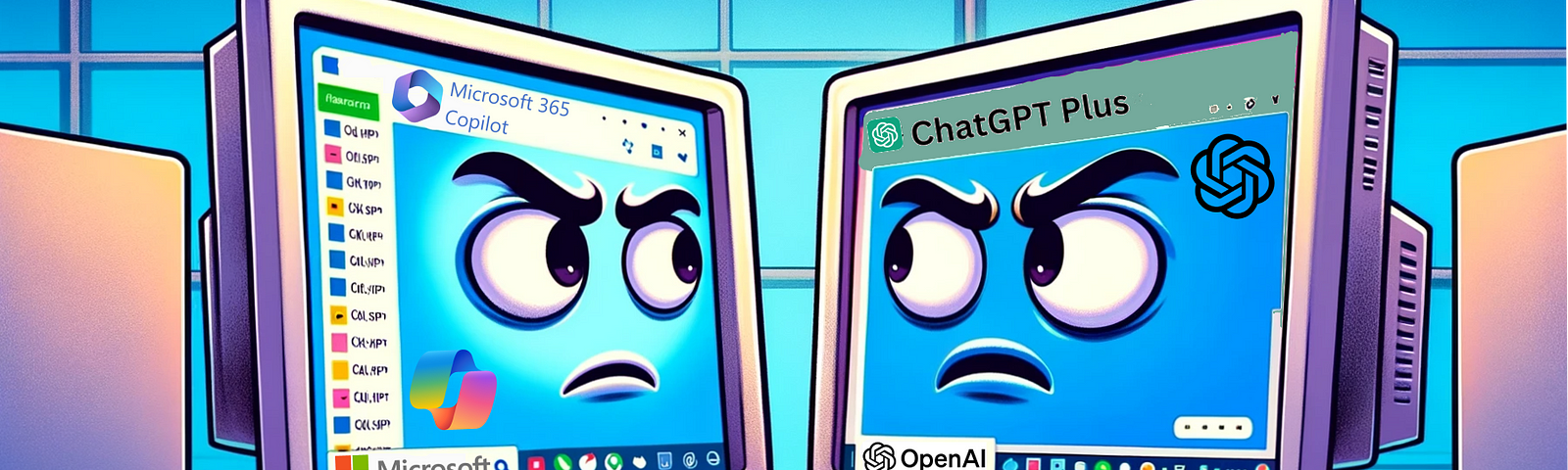 Two computer monitors on a desk, each displaying a facial expression of annoyance or frustration. The monitor on the left displays a start menu with the label “Microsoft 365 Copilot”, while the monitor on the right has a browser window open with tabs, one of which is labeled “ChatGPT Plus” and features the OpenAI logo. The setting suggests an office environment, and the background reveals a blue tiled wall, implying an indoor setting without any visible Windows.