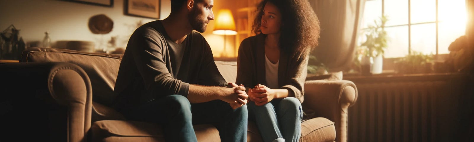 Here is the image depicting an intimate scene of a diverse couple having a conversation on a cozy living room couch. The setting and their interaction aim to visually represent the importance of communication in relationships.