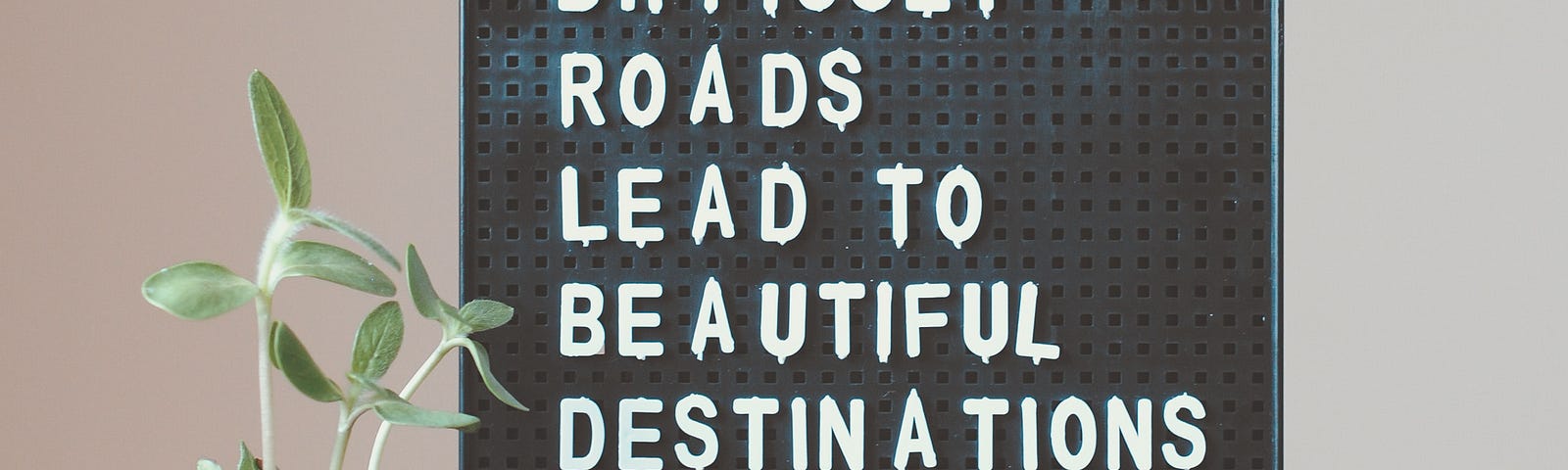A sign set up next to a potted plant. It reads; “Difficult roads lead to beautiful destinations.”