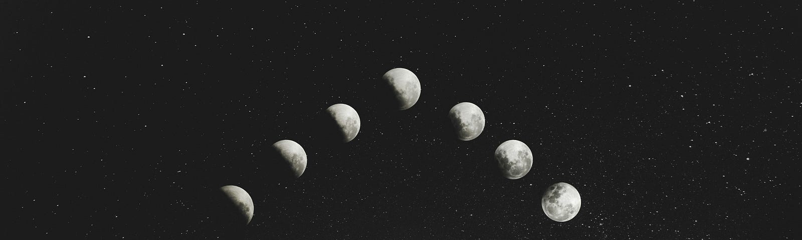 An image of a full moon in various phases in the background of jet-black sky.