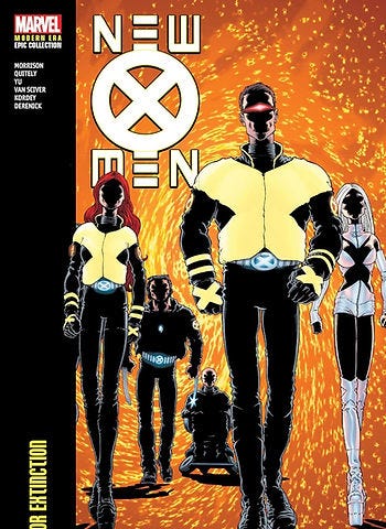 Cover for New X-Men: Modern Era Epic Collection Volume 1: E Is For Extinction. It features Cyclops, Jean Grey, Emma Frost, Wolverine, and Professor X, facing the reader against a swirling orange background, their features in shadow apart from the X’s displayed prominently on their costumes.