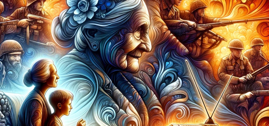 An artistic illustration of a boy, Leo, listening to his grandmother’s war stories, with abstract war scenes woven into the backdrop. Their close bond from young childhood to grandma getting older is illuminated by the warm glow of a television, symbolizing the merging of past and present.
