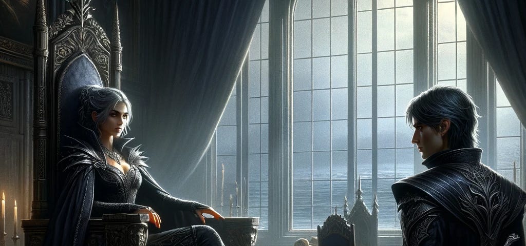 Queen Lilya sits on her throne, eyeing the horizon, as Thorne Greyleaf emerges from shadows in a dimly lit room, hinting at secretive royal dialogues.