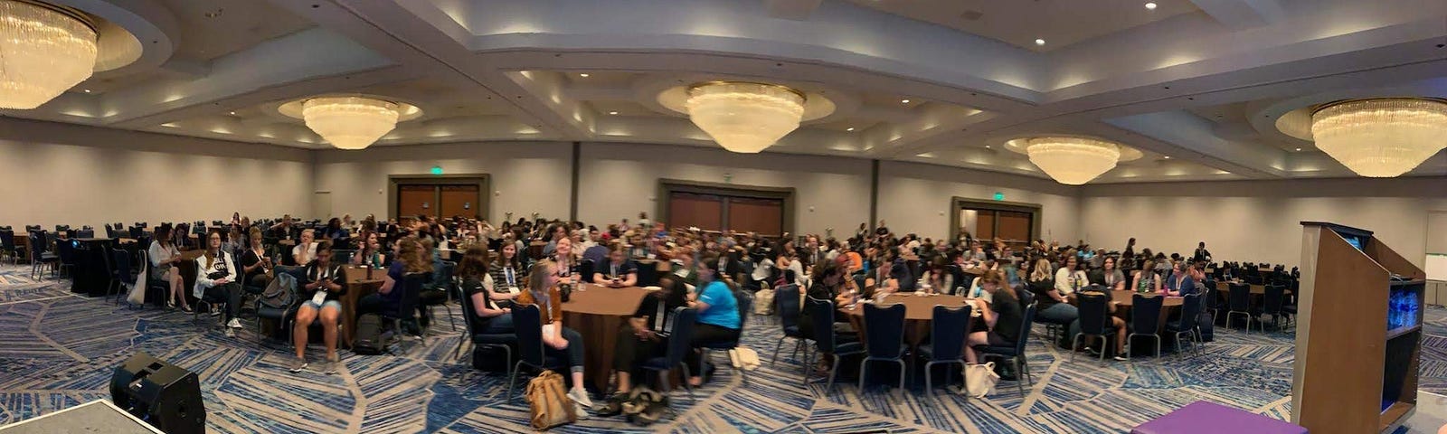 Ballroom with 400 attendees participating in the Panel for Mental Health at Grace Hopper Celebration.