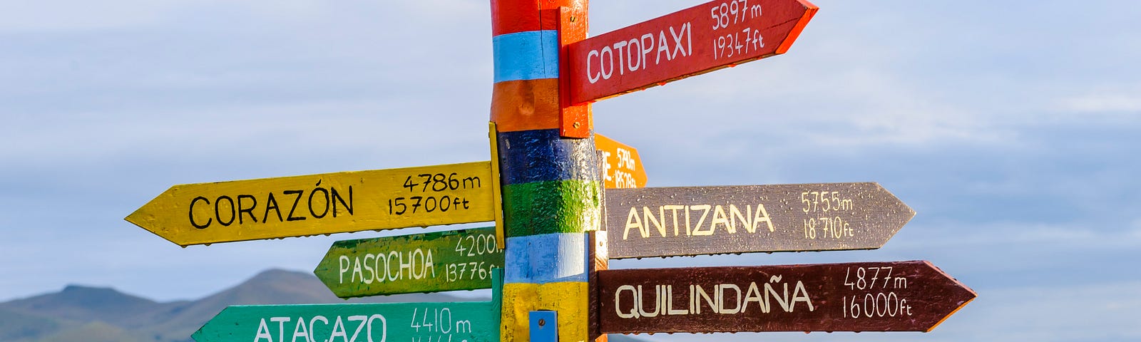 A signpost with various colored and named signs pointing in different directions.