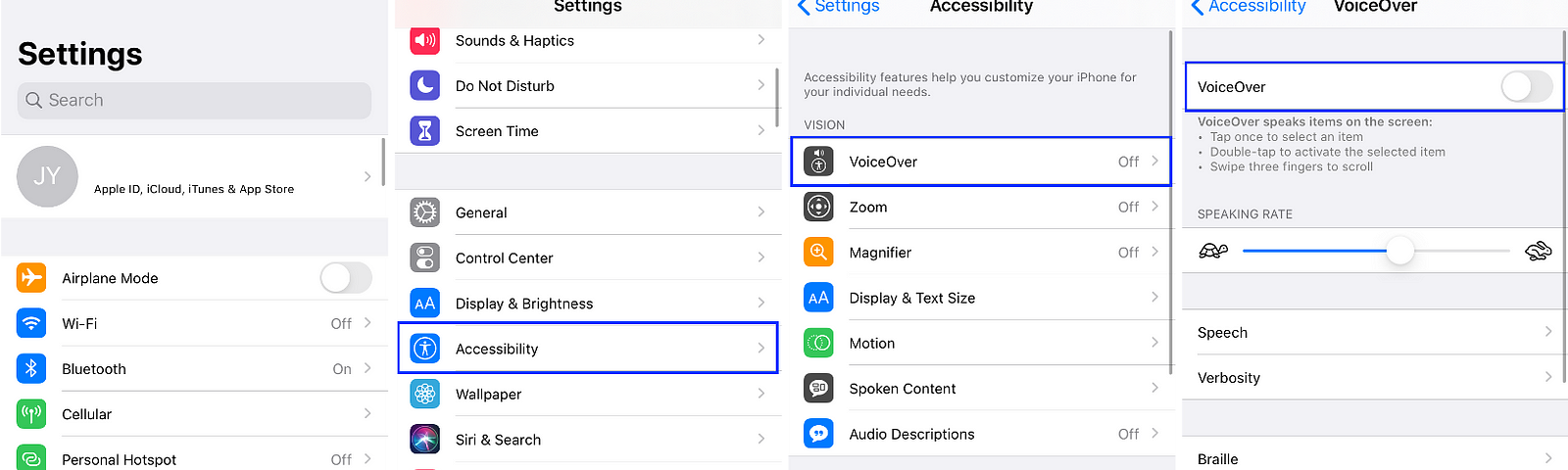 How to turn on VoiceOver in Settings. Settings > Accessibility > VoiceOver