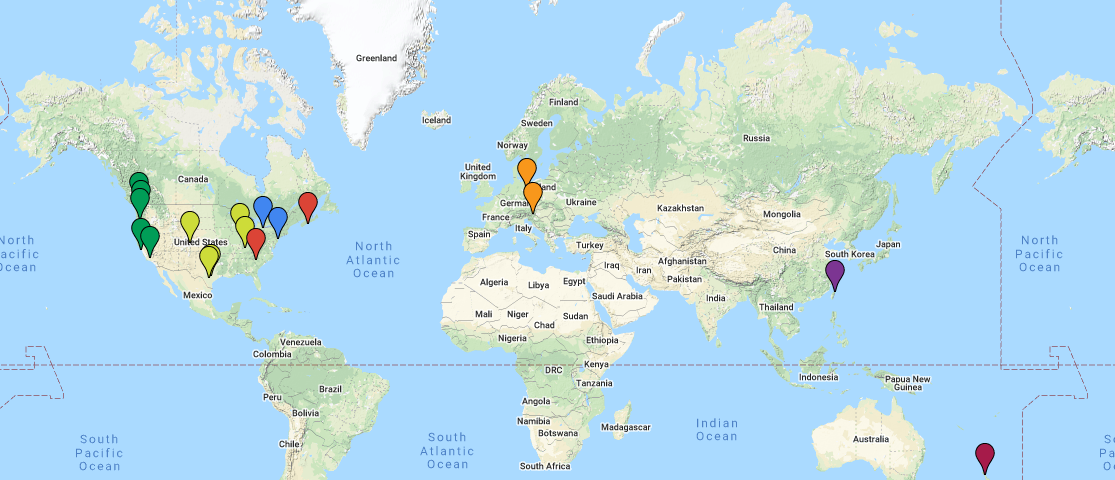 Map with pins of Firefox UX team members around the world.