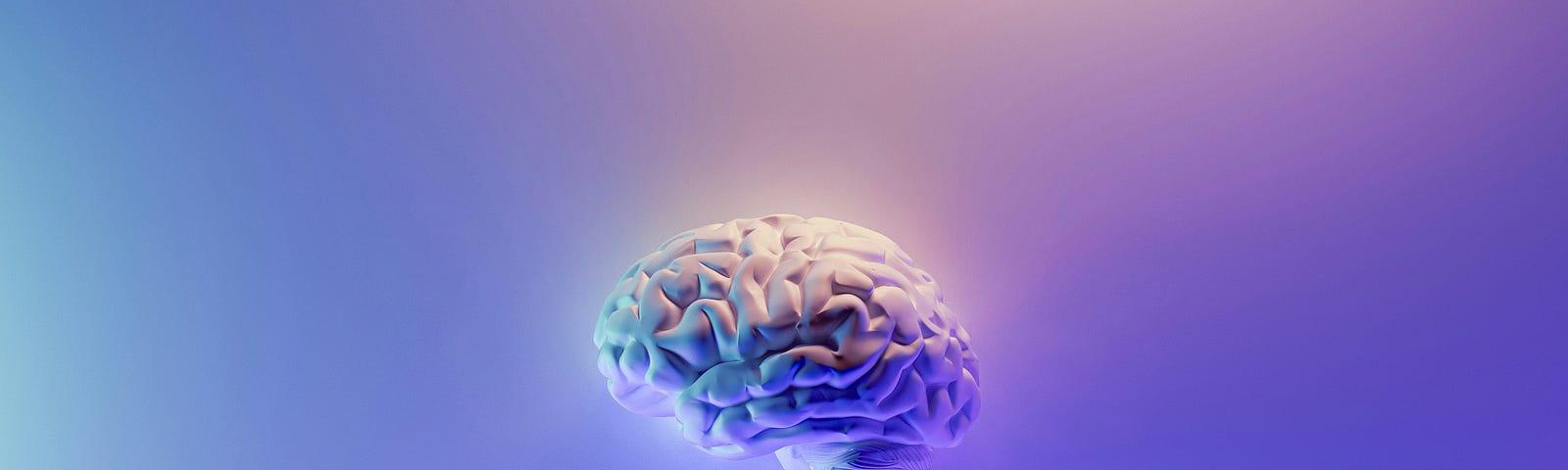 image of a human brain, glowing irridescent on a pearly purple and blue background