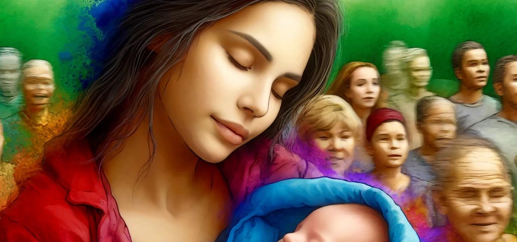 A hyper-realistic, vivid image of a mother cradling her newborn child, with the background showing a blur of faces rushing past, highlighting societal haste. The mother and baby are in focus, exuding warmth and love, while watercolour bleeding edges add an artistic touch.