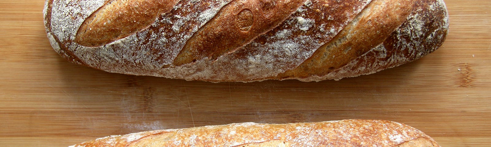 This is a photo of two loaves of unsliced bread. They may be homemade or from a bakery and they have flour visible on top.