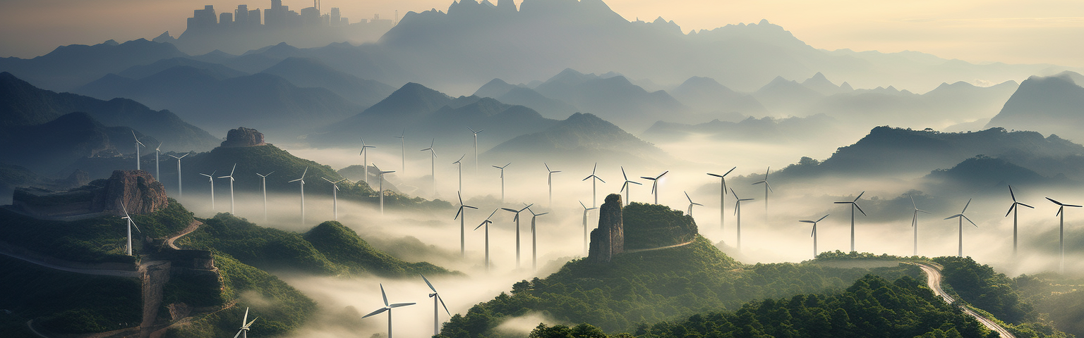 Midjourney generated image of the country of China covered with wind turbines and solar panels