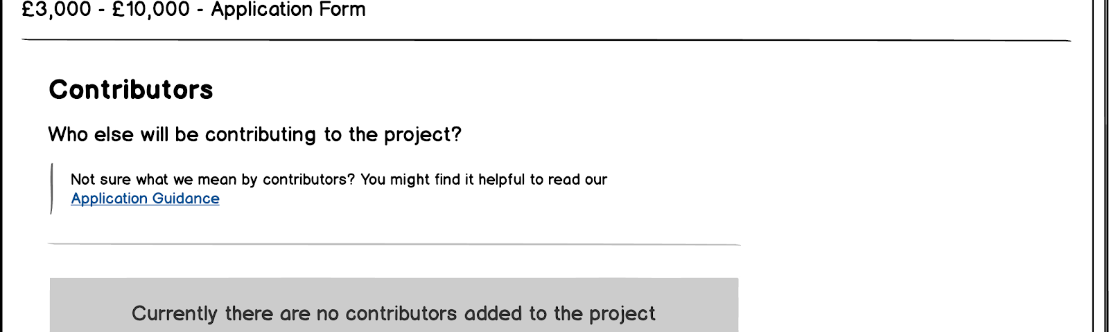 A Balsamiq prototype screen, showing a form page for grant applicants to add information about people working with them