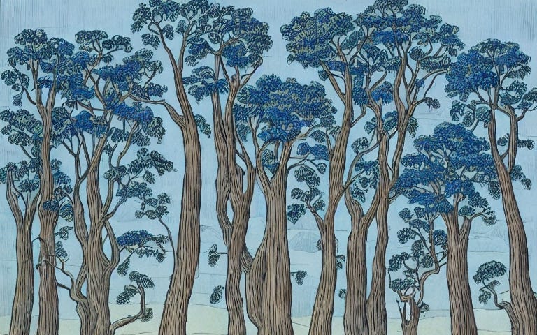 A forest of trees, sketched in blues and browns