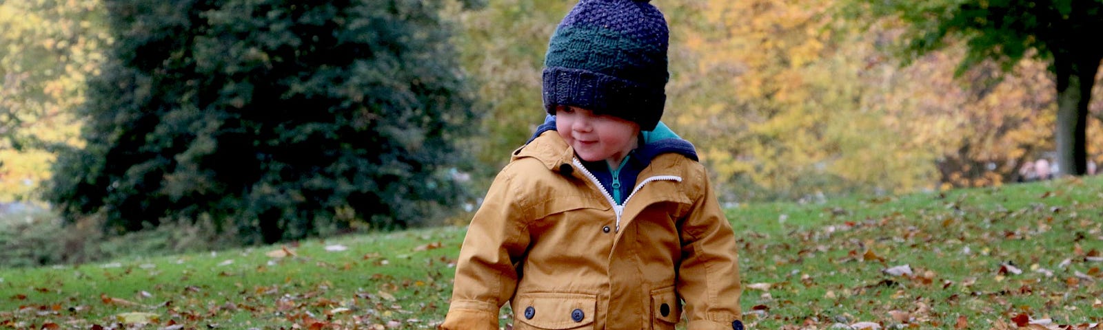 A small boy, in jacket and woollen cap, walking over fallen leaves, in a Park or garden.