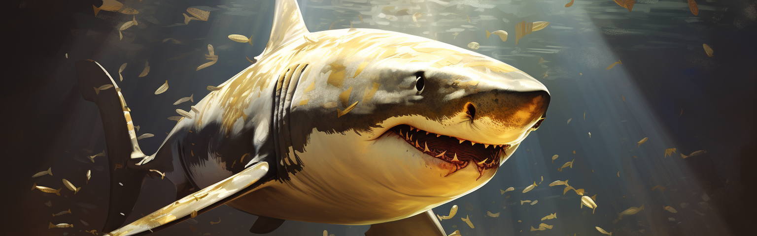 Midjourney generated image of great white shark with ingot of gold on its nose